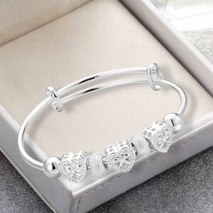 925 Sterling Silver Bangle Bracelet with Heart Charms